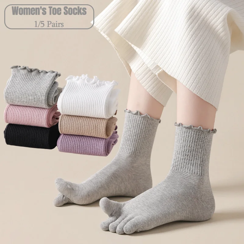Toe Sock Split - 1/5 Paar Damen-Fünf-Zehen-Socken mit Rüschenbündchen, weiche,